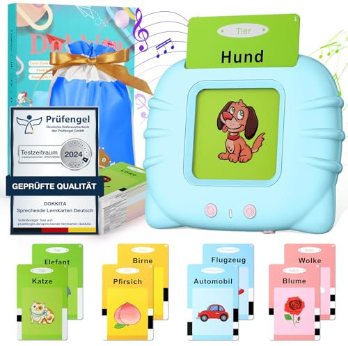 Dokkita Sprechende Lernkarten Deutsch, Flash Karten Kinder Deutsch, Standard Deutsch-112 Blätter 224 Wörter, Lernkarten zur Sprachförderung, Vorschule Geschenk Spielzeug für Mädchen Jungen-Blau