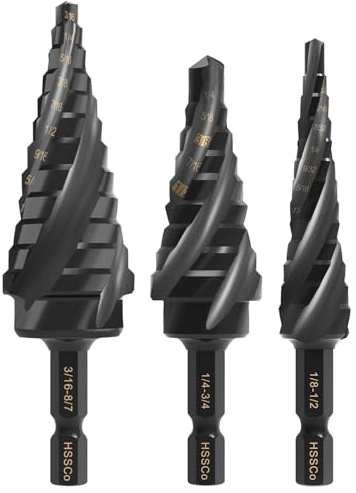 Four Spiral Flute Step Drill Bit Set, M2 High Speed Steel 1/4 Hex Shank Step Drill Bit for Metal, Steel, Aluminum, Plastic Hole Drilling Cutting, 3 PCS