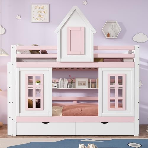 Cama de princesa de 90 x 200 cm, litera, cuna, cuna con techo y ventana, con rejilla anticaídas, barandilla estable, dos cajones con ruedas, estante abierto, amplio espacio de almacenamiento, color