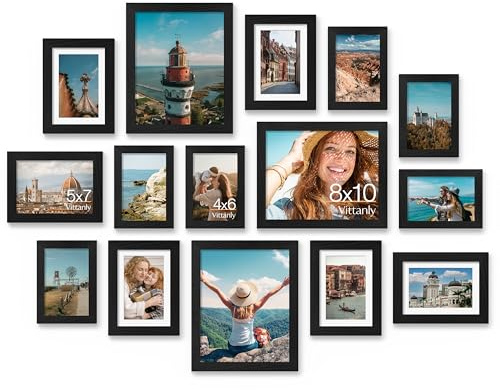 Vittanly 15 Pack Picture Frames Collage Wall Decor for Mounting or Tabletop Display, Gallery Frame Set for Family, Multi Sizes Including 3pcs 8x10, 6pcs 5x7, 6pcs 4x6, Black