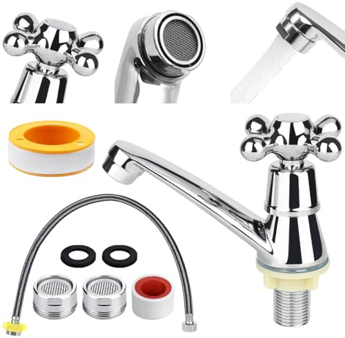 Grifo de Agua Fría, Grifo Baño, Grifo para Lavabo, con Filtro y Manguera de Conexión, Moderno Grifo de Lavabo Cromado, para Lavabo de Baño o Cocina