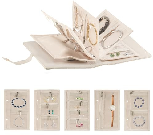 Travel Jewelry Organiser Large Portable Jewelry Storage Roll Case Foldable Earring Storage Book with 5pcs Transparent Pouches & Ring Binder for Necklaces Bracelets Rings Earrings Watches Women