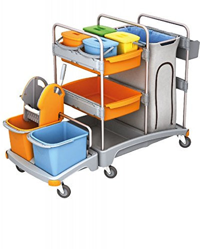 Splast Reinigungswagen aus Kunststoff mit 6 Eimern, Moppresse, Müllsackhalter 120 l