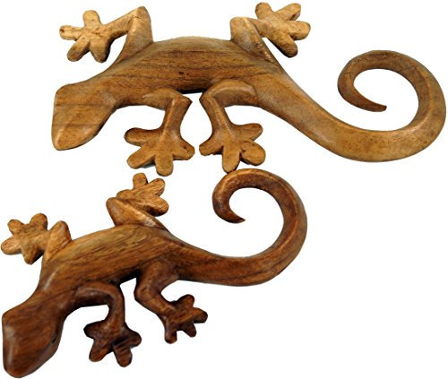 GURU SHOP Geschnitztes Wandbild Deko Wandrelief Gecko - Links, Holz, Größe: Groß (22x11x2,5 Cm), Masken & Wandschmuck