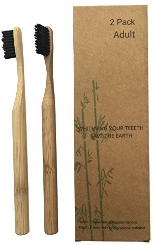 Bambus Zahnbürsten 2 Stück Set mit Bambusholz runden Griff und Bambus-Aktivkohle Wellen-Borsten 100% Recycleable Umweltfreundlich