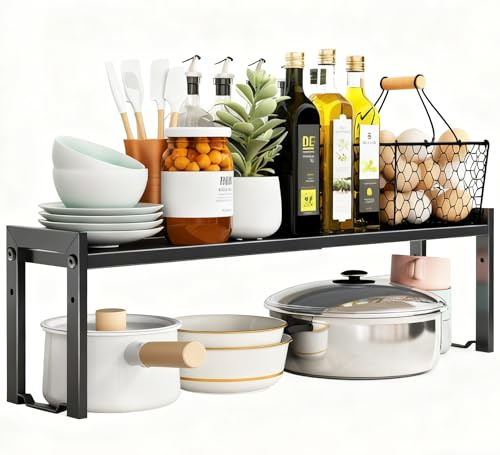 Urhomey plus Expandable Cabinet Shelf Organizer 16-26 L Stackable Kitchen Counter Shelf Rack Sink Riser Countertop Storage Black (Normal 7.9”D)