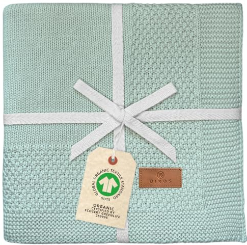 DIKOS Babydecke aus 100% Bio-Baumwolle – atmungsaktive Strickdecke für Neugeborene Jungen & Mädchen – weiche Baby-Decke & Kuscheldecke (GOTS & Oeko-TEX) – Babygeschenk, Geschenk zur Geburt (Mint)