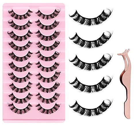 10 Paare 3D Falsche Wimpern, Natural Künstliche Wimpern Extensions Fake Lashes mit Wimpernclip, D Curl Russian Strip Lashes Wispy Fluffy Lashes für Augen Make-up (A)