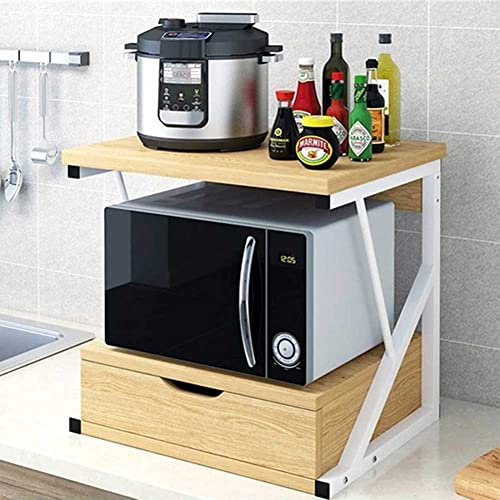 BAKAJI Estantería móvil para microondas de Metal con Estante de Madera MDF y cajón Organizador, Estante para Herramientas de Cocina, diseño Moderno, 54 x 35 x 50 cm (Roble)