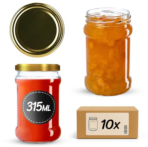 KADAX Uppsättning med 10 konserveringsburkar 315 ml TO66 guld, syltburkar förvaringsburkar Masonburk med skruvlock, lufttät och diskmaskinssäker, honungs- och dessertburkar