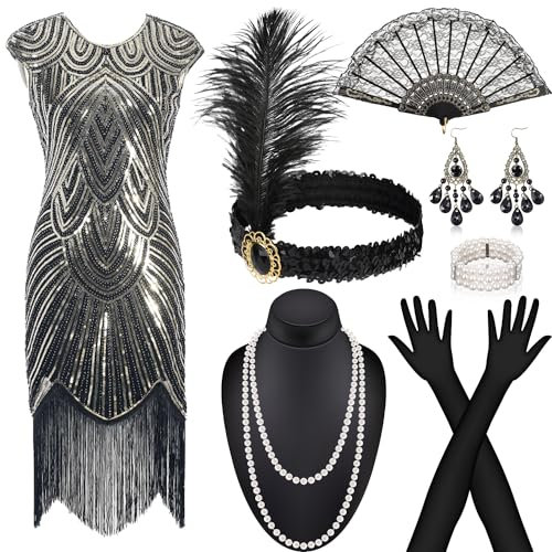 Alintor 20er Jahre Kostüm Damen, 20er Jahre Kleid, Karneval Kostüm Damen mit 20er Jahre Accessoires, Gatsby Kleid Damen, Charleston Kleid 20er Jahre für Fasching, Federboa Schwarz, Peaky Blinders