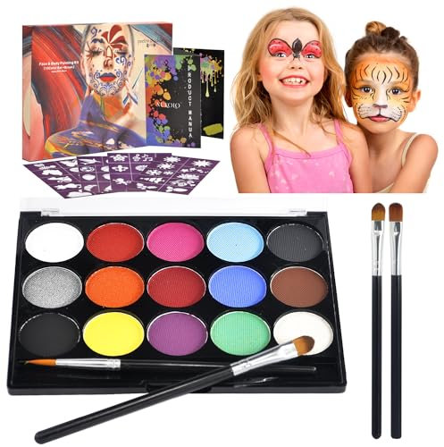 JOYUE Kinderschminke Set Halloween Face Bodypainting Farben, Gesichtsfarbe 15 Farben Faschingsschminke mit 4 Berufs Pinsel 40 Tattoo Vorlagen, Körperfarbe Kinder für Karneval Make-up Themenparty