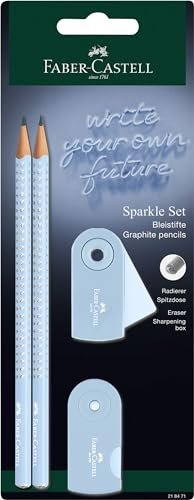 FABER-CASTELL 218471 - Bleistifte Set Sparkle, mit Spitzer, Radiergummi und 2 Bleistifte, Schreibset Sleeve in sky blue