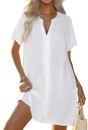 Halife Womens Bathing Suit Cover Up V Neck Swimwear Cover Up Short Sleeve Beach Coverup Dress Shirt White M