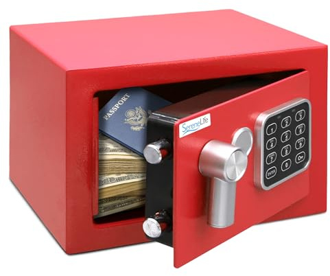 Pyle Home Safe Box Locker, Small Money Safe, Mini Fireproof Safes, Wall & Floor Steel Vault, Electronic Digital Keypad, 2 Keys, 23.1 × 17 × 17cm, Secure for Cash, Guns, Jewelry & More - Red