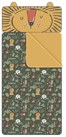 Kinderschlafsack mit Kopfkissen Motiv Löwe 62x142 cm · Indoor Schlafsack grün mit Dschungel Motiv und Reißverschluss · Kuscheliger Schlafsack mit Ohren für Kinder zwischen 3 und 9 Jahren