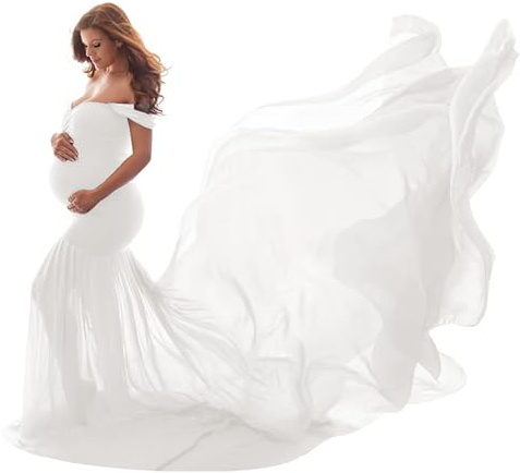 Nogkdyc Vestidos de maternidad, vestido de maternidad, sesión de fotos, hombros descubiertos, gasa, tul, ropa larga para embarazadas, fiestas, bodas, elegantes vestidos de noche, ropa de maternidad