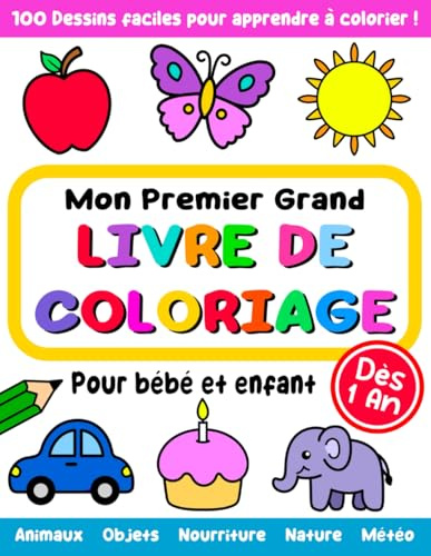 Mon Premier Grand Livre de Coloriages pour bébé et enfant dès 1 an: 100 dessins faciles pour apprendre à colorier : fruits et légumes, animaux, objets, nature, véhicules, nourriture, météo