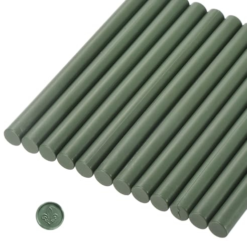 QUARKZMAN 12 Piezas de Barras de Cera de Sellado en Cilindro Verde Oliva Pistola de Pegamento de Cera Adhesiva para Sello de Cera de Carta, Invitaciones de Boda, Decoración de Embalaje