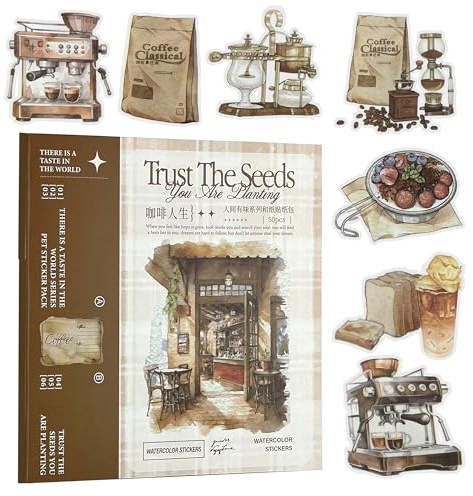 Kraeoke 50 hojas para álbum de recortes, libro de pegatinas de café, pegatinas washi, juego de scrapbook accesorios para álbum de fotos, Bullet Journal Scrapbooking (café)