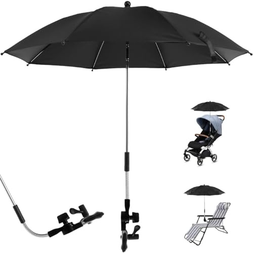 HAIJED Pram Parasol Universal Pram Umbrella 360° Adjustable Garden Chair Sunshade Baby Stroller Umbrella with Fixing Clamp Parasol for Garden Camping Beach Chair (Black, 75cm)