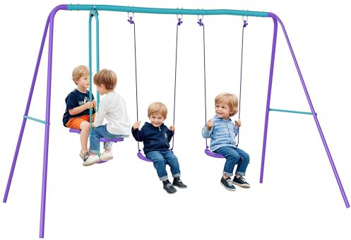 Outsunny Juego de Columpios de Jardín de Metal con Altura Ajustable Columpios para Niños de +3 Años con Columpio Doble Balancín para Patio Terraza 280x140x176 cm Azul y Morado