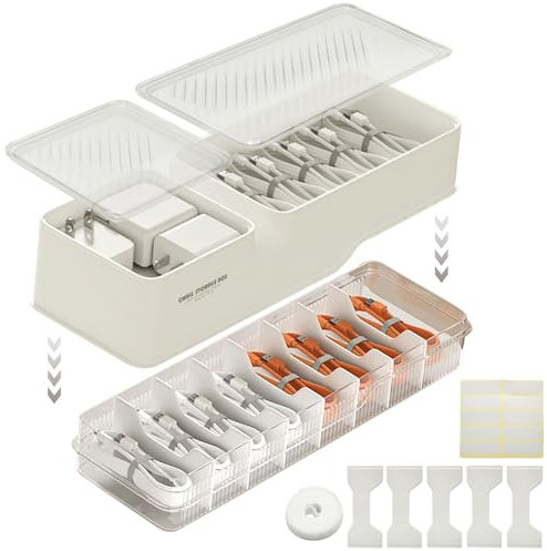 YTACREA Scatola Porta Cavi con Coperchio a Doppio Strato, Organizer Cavi con 5 Scomparti e Fascetta da 150 cm, Cable Organizer per Riporre e Classificazione, Fili Elettrici, Plastica