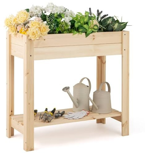 COSTWAY Letto da Giardino Rialzato in Legno, Fioriera Elevata con Ripiano, Drenaggio, Contenitore per Fiori, Erbe e Frutta, Scatola da Giardinaggio per Interno ed Esterno, 81x37x77CM