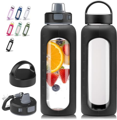 Kodrine Glass Water Bottle 32 oz with Straw and 2 Lids, Black