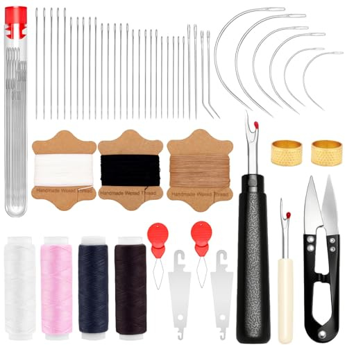 51Pcs Sewing Kit for Adults Beginners Sewing Tools Set Needle and Thread Kit Leather Hand Sewing Kits Big Eye Steel Sewing Needles Set with Upholstery Thread Seam Ripper Needles for DIY Crafting