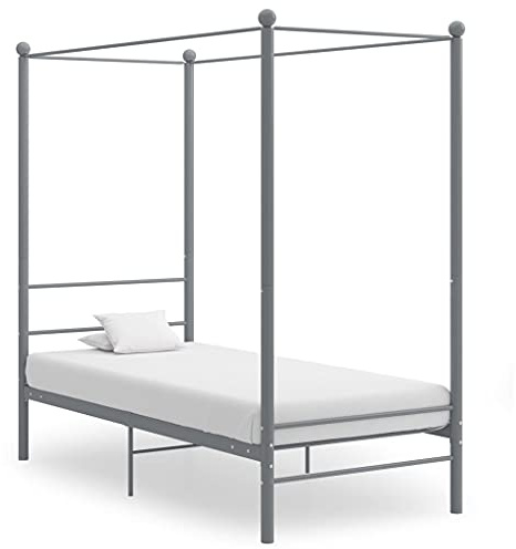 Yunovire Himmelssäng grå metall 90 x 200 cm, robust sängram för sovrum, modern design, pulverlackerad ram, perfekt för gardiner, madrassbas