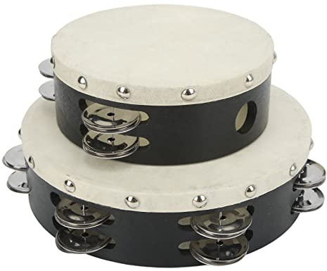 Lot de 2 Tambours à Main en Bois avec clochettes en métal à Double rangée, Tambourin à Percussion en Peau de Mouton, Tambours à Main de 6 et 8 Pouces pour Enfants, Jouet éducatif