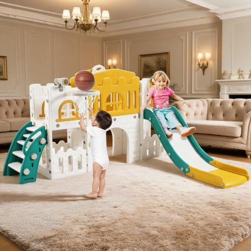 Toboggan 8 en 1 Enfant Extérieur Intérieur Aire De Jeux Évolutif Bébé 1-3 Ans，avec Espace De Cache-Cache, Échelle d'escalade Panier De Basket, Télescope Tunnel De Jeu Ensemble De Jeux Ludique