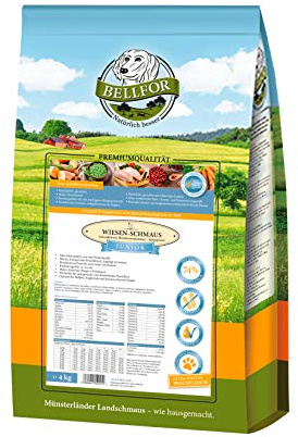 Bellfor Wiesen-Schmaus Junior Croquettes pressées à Froid pour Chiots et Jeunes Chiens au Poulet Frais - 4 kg. Nourriture sèche sans céréales, Riche en oméga-3 et en prébiotiques, pour Grandes Races.