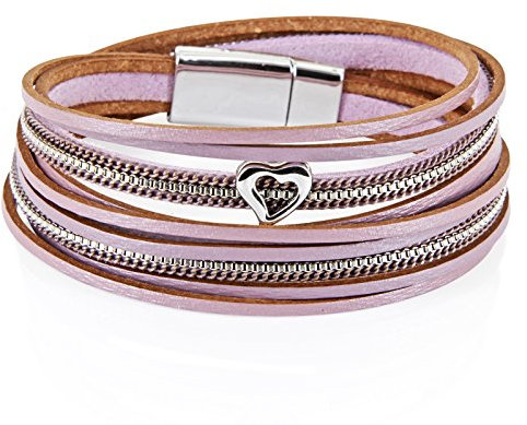 StarAppeal Armband Wickelarmband in Leder mit Herz, Kette und Magnetverschluss Silber, Damen Armband (Flieder-Grau)