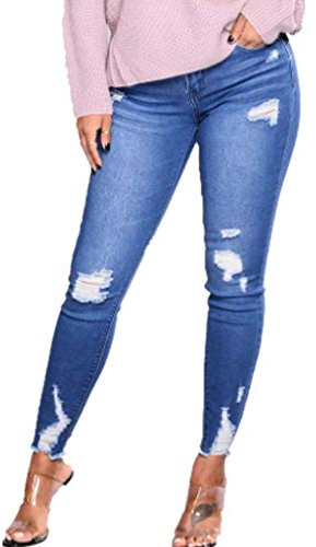 Lazzboy Women Jeans Trousers Ripped Cuff Carrot Plain Solid Skinny Pocket Zip Long Pants Ladies Trouser(XL(10),Blue)