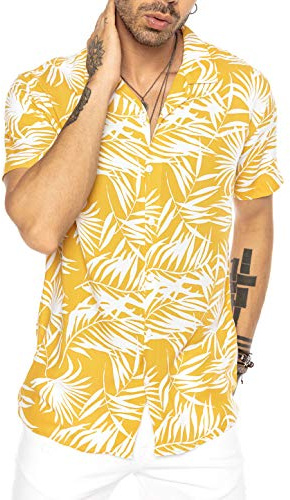 Camisa Hawaiana Moderna de Manga Corta para Hombres Amarillo L