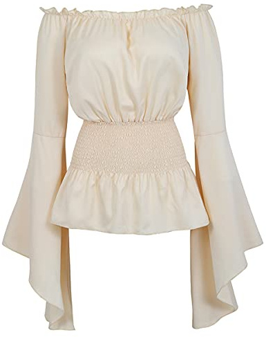 Grebrafan Steampunk Blusa Mujer Tops Elegante Medieval con Manga Larga Acampanada sin Hombro(EUR(32-34) S, Beige)