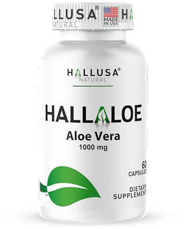 Hallusa Natural Aloe Vera Capsules 1000mg, Gut Health & Digestive Support Supplement, Skin Hydration, Antioxidant & Immune Support, Non-GMO, Gluten-Free, 60 Count