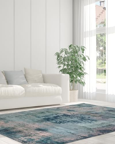 Qiyano Hikina Vintage Teppich Türkis 160 x 230 cm, Kurzflor Teppich Wohnzimmer & Schlafzimmer mit Baumwollrücken, Ornament-Muster, Florhöhe ca. 9 mm