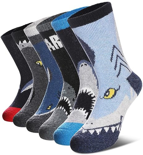 DOSKONI Kids Merino Wool Hiking Socks for Boys Girls Toddlers Thermal Winter Warm Thick Crew Boot Snowboarding Gift Socks 6 Pairs Shark,8-12 Year Old