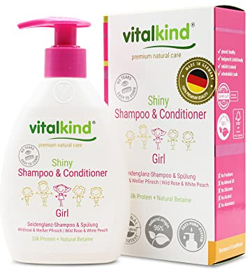 Vitalkind Shiny Shampoo & Conditioner för flickor. Premium naturlig vårdskosmetik. Produkter för barn, 200 ml.