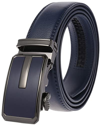 Anopo Cintura da uomo in vera pelle con fibbia automatica in lega Cintura da abito in jeans per abiti casual da lavoro regolabile Blu 120CM