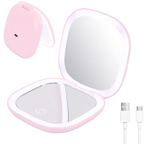 ZAKVOP LED Taschenspiegel, Kosmetikspiegel 10Fach Handspiegel, Wiederaufladbar Led Spiegel Klein mit 3 Farben, Schminkspiegel mit Beleuchtung, Klappbarer Reisespiegel Mini Spiegel