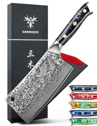SANMUZUO Damas Feuille de Boucher, Couteau de Cuisine Chinois avec Lame 16,5 cm Professionnel Couperet de Cuisine en VG-10 67 Couche Damas Acier avec Poignée en Résine(Noir étoilé) - Xuan Série