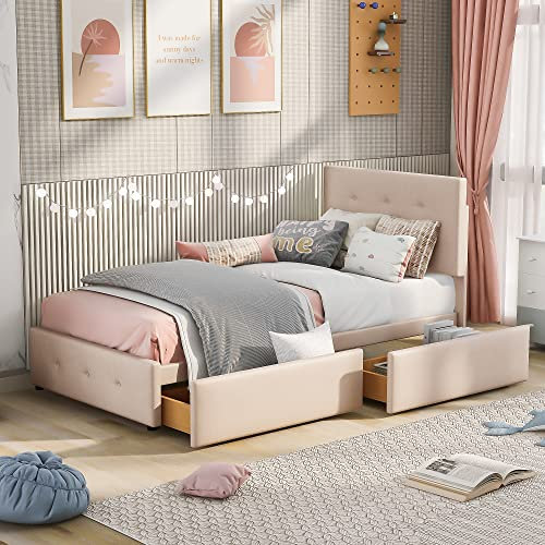 Tkopy Bett 90 x 200 cm Polsterbett mit Stauraum, Dunkelbeige Bett mit Lattenrost, Rückenlehne und Zwei Schubladen Einzelbett Hautfreundlicher Samtstoff Kinderbett Jugendbett