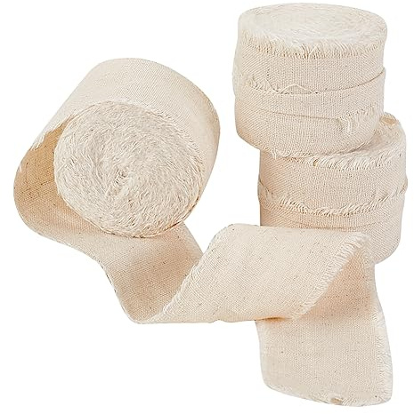 OLYCRAFT 5 m 3 rollos de cinta de lino de algodón con bobina de 4 cm de ancho, cintas deshilachadas hechas a mano cinta con flecos de pompones para embalaje de regalos, boda, decoración de vacaciones