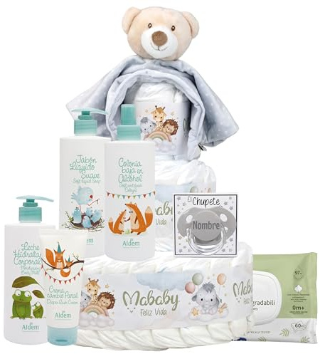 Mababyshop Mi Chupete Personalizado, Tarta de Pañales Talla 2 con Dou Dou Osito Sonajero, Chupete con Nombre, Set de Higiene, Toallitas y Regalo para Bebé (Gris)