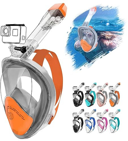 HINATAA 180°Full Face Snorkel Mask,Double Floating Ball Design Anti-Leak Free Breathing,Full Dry Anti Fog Breathing System Snorkeling Mask,Professional Snorkeling Set (Orange Grey, L/XL)