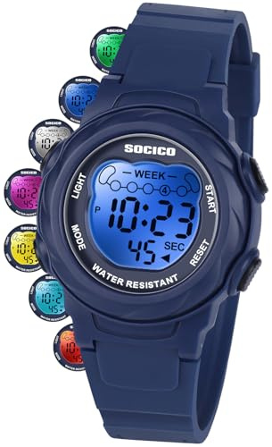 SOCICO Kids Digital Watches for Girls Boys Aged 5-10, Childrens Outdoor Sports Waterproof Watch with Led Light,Alarm Clock, Stopwatch, 12/24H for Kids Great Gifts (Blue)